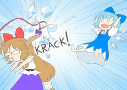  2girls :d arms_up barefoot belt blue_background blue_bow blue_dress blue_hair blue_ribbon bow broken brown_hair chibi cirno commentary cowboy_shot detached_wings dress emphasis_lines english_text failure full_body hair_ribbon hairbow headshot horn_bow horn_ornament horn_ribbon horns ibuki_suika ice ice_wings leaning_forward long_hair mazume multiple_girls no_nose o3o o_o open_mouth puffy_short_sleeves puffy_sleeves purple_bow purple_ribbon purple_skirt ribbon rubber_band shirt short_hair short_sleeves skirt sleeveless slingshot_(weapon) smile touhou white_background white_shirt wings 