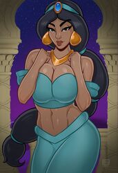  1girls aladdin arabian arabian_clothes bedroom_eyes belly_dancer belly_dancer_outfit black_hair brown_eyes cleavage clothed dark-skinned_female disney disney_princess earrings female female_only harem_girl harem_outfit harem_pants huge_breasts islamic_architecture large_breasts long_hair looking_at_viewer middle_eastern middle_eastern_clothing middle_eastern_female monolithic-sloth navel princess_jasmine royalty seductive seductive_look solo 