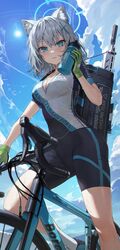  absurdres animal_ear_fluff animal_ears assault_rifle bicycle bike_jersey bike_shorts blue_archive blue_eyes blue_footwear blush breasts cloud cross_hair_ornament cycling_uniform extra_ears female gloves green_gloves grey_hair gun hair_ornament halo highres looking_at_viewer medium_hair mismatched_pupils official_alternate_costume outdoors riding riding_bicycle rifle shiroko_(blue_archive) shiroko_(cycling)_(blue_archive) short_sleeves shorts sig_556 sig_sauer sky solo sun sweat two-tone_gloves weapon wolf_ears ye_jji 