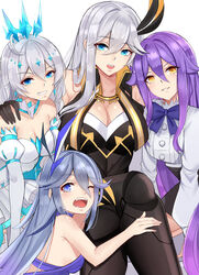  4girls :d absurdres ahoge aqua_eyes armpits bare_shoulders bella_(honkai_impact) black_gloves black_skirt blue_eyes bow bowtie breasts cecilia_schariac cleavage clenched_teeth collarbone crossed_legs detached_sleeves diamond_hair_ornament dress earrings feet_out_of_frame frilled_dress frills gloves gold_trim grey_hair hair_between_eyes hair_ornament hand_on_another&#039;s_leg hand_on_another&#039;s_shoulder highres honkai_(series) honkai_impact_3rd jewelry kiana_kaslana kiana_kaslana_(divine_prayer) large_breasts long_hair long_sleeves lower_teeth_only mother_and_daughter multicolored_eyes multiple_girls noise_paper official_alternate_costume one_eye_closed open_mouth orange_eyes purple_bow purple_hair shiny_skin sideboob sidelocks simple_background sirin skirt smile teeth tiara upper_teeth_only white_background white_dress white_hair yellow_eyes 