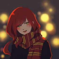  :d blurry blush bokeh commentary_request depth_of_field enpera female green_eyes gryffindor harry_potter_(series) hogwarts_school_uniform kurosujuu lily_evans long_hair looking_at_viewer open_mouth red_hair red_scarf scarf school_uniform smile solo striped_clothes striped_scarf swept_bangs upper_body wizarding_world 