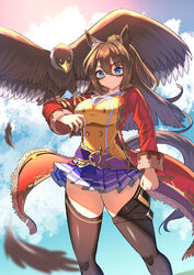  animal_ears bird black_thighhighs blue_eyes blue_sky breasts brown_hair buttons clenched_hand commentary_request domino_mask double-breasted eagle ear_ornament el_condor_pasa_(umamusume) feet_out_of_frame female highres horse_ears horse_girl horse_tail jacket large_breasts long_hair looking_at_viewer mambo_(umamusume) mask outdoors pleated_skirt purple_skirt red_jacket shirt skirt sky solo tail thighhighs thighs umamusume yellow_shirt yuutopia 