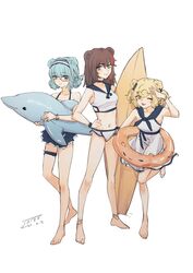  3girls ;d animal_ears arknights arm_up bare_arms bare_legs bare_shoulders barefoot bear_ears bikini bikini_skirt blonde_hair blue_eyes blue_hair blue_sailor_collar blue_skirt breasts brown_hair chinese_commentary commentary_request dated dress feet full_body grin gummy_(arknights) gummy_(summer_flowers)_(arknights) hairband hand_on_own_hip highres holding inflatable_dolphin inflatable_toy innertube istina_(arknights) looking_at_viewer medium_breasts monocle multicolored_hair multiple_girls navel no_headwear official_alternate_costume one_eye_closed open_mouth red_eyes sailor_collar short_hair simple_background skirt sleeveless sleeveless_dress smile standing standing_on_one_leg stomach streaked_hair surfboard swim_ring swimsuit thigh_strap thighs white_background white_bikini white_dress ya_kexi yellow_eyes zima_(arknights) 