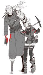  1boy ahoge armor asymmetrical_arms axe blood blood_on_clothes blood_on_weapon blood_splatter breasts crutch cyborg eyebrows father_and_daughter female flat_color gloves greyscale hair_over_one_eye helmet highres holding holding_weapon indie_virtual_youtuber jacket jinzou_(homunculus_no_jinzou) knight large_breasts leg_brace limited_palette mask mechanical_arms military_jacket monochrome pauldrons peg_leg pickaxe pocket pointing puffy_sleeves red_gloves respirator scratches shoulder_armor single_pauldron spot_color steam steampunk thighhighs thighs v_no_name_(vtuber) virtual_youtuber weapon weeds white_background zyugoya 