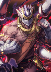  1boy armlet aura bandages bara bare_pectorals bare_shoulders bead_necklace beads cowboy_shot dai-xt dark-skinned_male dark_skin energy fighting_stance fingerless_gloves gloves helmet highres jewelry large_pectorals looking_at_viewer male_focus md5_mismatch monk muscular muscular_male necklace pectorals resolution_mismatch sash shiva_(housamo) solo source_smaller telekinesis tokyo_afterschool_summoners umbrakinesis veins 