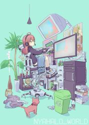  absurdres ahoge alternate_costume black_hoodie bottle clothes_on_floor computer computer_keyboard cup drawer drinking_straw feline female figure globe headset highres hololive hood hoodie kintoki_(sakura_miko) long_sleeves messy_room monitor no_pants panties phone pink_cat pink_hair plant radicalfool sakura_miko sitting sleeves_past_wrists trash_can underwear virtual_youtuber white_panties 