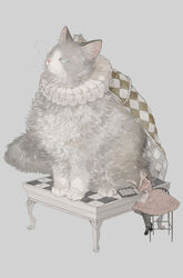  animal apron bad_id bad_pixiv_id black_footwear blue_eyes blunt_bangs brown_hair cape chair checkered_cape chess_piece chessboard collar commentary crown dress elbow_rest feline female frilled_collar frilled_dress frills grey_background head_rest highres holding_chess_piece long_hair mini_crown nekosuke_(oxo) original oversized_animal pantyhose pink_dress shoes simple_background sitting table wavy_hair white_apron 