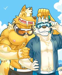  5_fingers abs anthro beach biceps big_chest big_pecs black_bottomwear black_clothing black_shorts blue_clothing blue_jacket blue_sky blue_topwear bottomwear canid canine canis closed_eyes clothing cloud duo fangs fingers fur glass_surface hand_on_arm happy jacket kuulongarl male male_focus mammal midriff muscular muscular_anthro muscular_arms muscular_male nipples pecs seaside shirtless_male shorts sky smile teeth topwear white_body white_fur wolf yellow_body yellow_fur 