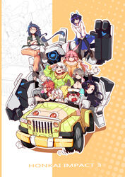  1boy 6+girls :d absurdres ai-chan_(honkai_impact) animal_ears arms_up black_hair blowing_bubbles blue_eyes blue_hair blush breasts bronya_zaychik captain_(honkai_impact) car casual cleavage closed_mouth cloud drill_hair fox_ears fu_hua full_body green_hoodie grey_hair grey_jacket hair_over_one_eye highres holding holding_tray honkai_(series) honkai_impact_3rd hood hoodie jacket kiana_kaslana long_sleeves maid maid_headdress mecha military military_uniform motor_vehicle multiple_girls murata_himeko open_clothes open_mouth orange_pants orange_shirt pants pink_eyes pink_hair ponytail purple_eyes raiden_mei red_hair riding rita_rossweisse robot seele_vollerei shirt short_hair short_sleeves smile teapot theresa_apocalypse tray twin_drills uniform vehicalization wavy_mouth waxgroud white_hoodie yae_sakura yellow_car yellow_eyes 