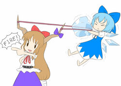  &gt;_&lt; 2girls :&lt; :d barefoot belt blue_bow blue_dress blue_hair blue_ribbon bow brown_hair chibi cirno commentary cowboy_shot detached_wings dress english_text full_body hair_ribbon hairbow hand_on_own_hip horn_bow horn_ornament horn_ribbon horns ibuki_suika ice ice_wings long_hair mazume multiple_girls mundane_utility no_nose open_mouth pointing puffy_short_sleeves puffy_sleeves pulling purple_bow purple_ribbon purple_skirt ribbon rubber_band shirt short_hair short_sleeves simple_background skirt sleeveless slingshot_(weapon) smile solid_oval_eyes speech_bubble touhou trembling v-shaped_eyebrows white_background white_shirt wings 