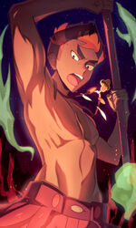  1boy absurdres armpits black_eyes bright_pupils commentary_request dark-skinned_male dark_skin fire green_fire highres holding holding_stick jewelry kiawe_(pokemon) looking_down male_focus natupath_summer necklace night open_mouth outdoors pectorals pokemon pokemon_sm red_shorts ribs short_hair shorts solo stick teeth tongue topless_male upper_teeth_only white_pupils 