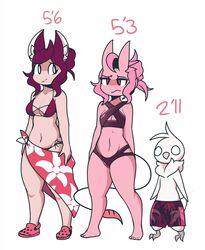  1boy2girls aiko_(giidenuts) alternate_version_available anthro avian avian_humanoid barefoot bikini bikini_bottom bikini_top carrie_(giidenuts) cleavage crocs full_body giidenuts original pajamas ponytail reference_sheet riley_(giidenuts) shoes short_hair silk socks standing swimming_trunks tail text thighs white_background 