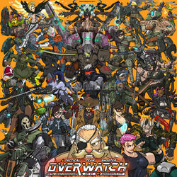  2017 6+boys 6+girls ana_(overwatch) artist_name assault_rifle bastion_(overwatch) big_boss bikini_top bullpup cigar cosplay crossover cyborg d.va_(overwatch) dark_skin don_dimanlig dual_wielding eva_(mgs) everyone eyepatch famas fatman fortune_(metal_gear) ganymede_(overwatch) gekko_(mgs) genji_(overwatch) gray_fox gun gunblade hal_emmerich handgun hanzo_(overwatch) highres junkrat_(overwatch) liquid_snake lucio_(overwatch) mccree_(overwatch) mei_(overwatch) meka_(overwatch) mercy_(overwatch) meryl_silverburgh metal_gear_(series) metal_gear_ray metal_gear_rex metal_gear_rising:_revengeance metal_gear_solid metal_gear_solid_2 metal_gear_solid_4 mistral_(metal_gear_rising) multiple_boys multiple_girls ninja omnic orisa_(overwatch) overwatch pharah_(overwatch) pistol power_armor power_suit psycho_mantis quiet_(metal_gear) raging_raven raiden reaper_(overwatch) reinhardt_(overwatch) revolver_ocelot rifle roadhog_(overwatch) robot samuel_rodrigues shooting_glasses sniper_rifle sniper_wolf soldier:_76_(overwatch) solid_snake sombra_(overwatch) symmetra_(overwatch) tagme the_boss the_end the_sorrow torbjorn_(overwatch) tracer_(overwatch) vamp visor vulcan_raven watermark weapon wheelchair widowmaker_(overwatch) winston_(overwatch) zarya_(overwatch) zenyatta_(overwatch) 