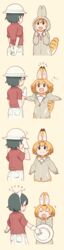  2girls :3 absurdres alternate_costume animal_ears black_hair blonde_hair bow bowtie commentary_request ears_through_headwear fake_animal_ears gloves highres hood hood_down hoodie kaban_(kemono_friends) kasa_list kemono_friends long_sleeves multicolored_hair multiple_girls open_mouth serval_(kemono_friends) serval_ears serval_print serval_tail shirt short_hair short_sleeves shorts smile t-shirt tail 