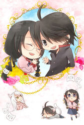  1boy 2girls :3 :d ahoge animal_ears araragi_koyomi bakemonogatari barefoot black_eyes black_hair black_hanekawa braid breasts cat_ears cat_tail chibi commentary_request dual_persona fake_animal_ears fake_tail flower gakuran glasses hair_ornament hair_over_one_eye hairclip hanekawa_tsubasa large_breasts long_hair lying monogatari_(series) multiple_girls naoetsu_high_school_uniform off_shoulder on_stomach open_mouth pajamas purple_eyes school_uniform shima_riu shirt sitting skirt slit_pupils smile tail twin_braids very_long_hair white_hair yellow_eyes 