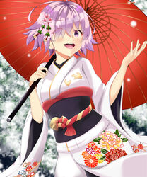  :d alternate_costume commentary_request eyes_visible_through_hair fate/grand_order fate_(series) female floral_print flower furisode hair_between_eyes hair_flower hair_ornament highres japanese_clothes kikumon kimono mash_kyrielight obi oil-paper_umbrella open_mouth outdoors peony_print pink_flower purple_eyes purple_hair red_umbrella sakuramon sash short_hair smile snowing solo standing torikun umbrella white_kimono 