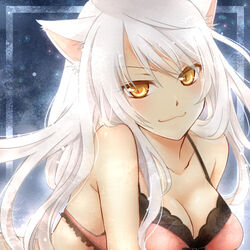  :3 animal_ears bakemonogatari black_hanekawa bra breasts cat_ears cleavage closed_mouth commentary_request female hanekawa_tsubasa large_breasts long_hair looking_at_viewer lowres monogatari_(series) pink_bra shima_riu slit_pupils smile solo underwear very_long_hair white_hair yellow_eyes 