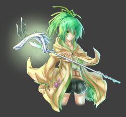  bad_id bad_pixiv_id black_background collarbone crystal duel_monster female green_eyes green_hair hair_ornament highres jacket kan_(zwssg) long_hair looking_at_viewer ponytail ribbon simple_background skirt solo staff wynn_(yu-gi-oh!) wynn_the_wind_charmer yu-gi-oh! 