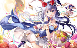  :d animal_ears bare_shoulders blue_dress blue_eyes blue_footwear blue_hair blue_hat bouquet breasts brown_flower brown_rose cleavage commentary_request confetti_ball dress female flower fujima_takuya hair_between_eyes hair_flower hair_ornament hat high_heels holding holding_bouquet long_hair looking_at_viewer medium_breasts project_miyabi purple_flower purple_rose rabbit_ears red_flower red_rose rose shoes simple_background smile solo strapless strapless_dress streamers teeth upper_teeth_only very_long_hair virtual_youtuber white_background white_flower white_rose witch_hat yuri_komaki 