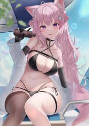  :3 animal_ear_fluff animal_ears antenna_hair bad_id bad_twitter_id bikini black_bikini black_gloves blurry blush bottle braid braided_bun breasts chest_harness chest_strap cleavage cloud cloudy_sky coat collarbone crown_braid depth_of_field double_bun elbow_gloves female gloves hair_between_eyes hair_bun hair_ornament hakui_koyori halterneck harness hexagon_hair_ornament highres holding holding_bottle hololive lab_coat large_breasts lens_flare long_hair looking_at_viewer navel off_shoulder oil open_clothes open_coat pink_hair pouring purple_eyes side-tie_bikini_bottom sitting skindentation sky smile smirk solo stomach string_bikini swimsuit tail tojo_aoi umbrella virtual_youtuber wolf_ears wolf_tail 