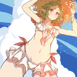  ahoge bikini breasts closed_mouth day elf female flower from_below green_hair hair_flower hair_ornament hands_up hat highleg highleg_bikini highres kiyo_(a_sam_ko) mushoku_tensei navel outdoors pointy_ears red_eyes short_hair small_breasts solo straw_hat swimsuit sylphiette_(mushoku_tensei) white_bikini 