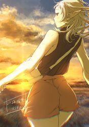  artist_name brown_shorts cloud dated elf female from_behind highres kiyo_(a_sam_ko) looking_back medium_hair mushoku_tensei outdoors pointy_ears red_eyes short_shorts shorts sleeveless sleeveless_turtleneck solo sunset sylphiette_(mushoku_tensei) turtleneck white_hair 