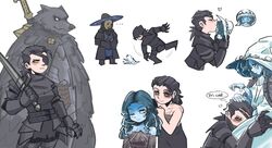  ... 2boys 2girls absurdres armor black_hair blaidd_the_half-wolf blue_eyes blue_hair blue_skin cape cloak closed_mouth colored_skin cracked_skin dress elden_ring extra_arms extra_faces eyepatch fur_cloak furry furry_male gauntlets greatsword hat highres hug huge_weapon jewelry joints kissing long_hair looking_at_viewer mask miniature_ranni moreblack multiple_boys multiple_girls one_eye_closed preceptor_seluvis ranni_the_witch scar smile sword tarnished_(elden_ring) weapon white_dress witch witch_hat wolf_boy yellow_eyes yuri 