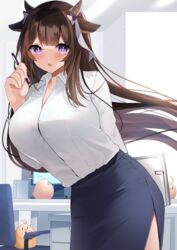  absurdres animal_ears azur_lane blush breasts brown_hair collared_shirt commentary_request commission cow_ears cow_horns female formal highres horns huge_breasts kashino_(azur_lane) long_hair looking_at_viewer manjuu_(azur_lane) office_lady open_mouth pen pencil_skirt purple_eyes shirt skeb_commission skirt skirt_suit suit white_shirt yamaha_tsui 