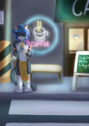  anthro bench blue_hair blurred_background cat_(wenqu0304) closed_eyes clothing coffee_shop electronics felid fur grey_body grey_ears grey_fur grey_tail hair hi_res inside led_light male mammal phone pink_ears pink_nose sign solo store store_sign tail wenqu0304 white_body white_fur yellow_clothing 