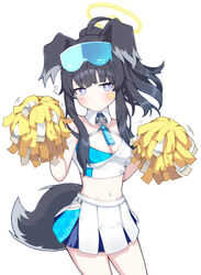  animal_ears black_hair blue-tinted_eyewear blue_archive blush breasts cheerleader cleavage closed_mouth commentary_request cowboy_shot criss-cross_halter crop_top detached_collar dog_ears dog_girl dog_tail eyewear_on_head female halo halterneck hands_up hibiki_(blue_archive) hibiki_(cheer_squad)_(blue_archive) korean_commentary long_hair medium_breasts midriff millennium_cheerleader_outfit_(blue_archive) navel pleated_skirt pom_pom_(cheerleading) ponytail purple_eyes safety_glasses simple_background skirt solo sprout_(haji_s) star_(symbol) tail tinted_eyewear white_background white_skirt yellow_halo 