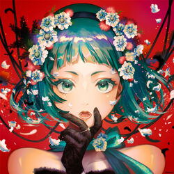  absurdres aqua_hair bare_shoulders blue_flower champi choker close-up falling_petals female flower gloves green_eyes hair_flower hair_ornament hairband hand_on_own_chin hand_up highres jewelry multicolored_flower neck_flower open_mouth original petals portrait purple_flower red_flower ribbon ribbon_choker ring scabiosa_(flower) short_hair solo white_flower 