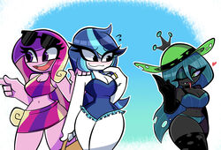  2019 4_fingers absurd_res alternate_species anthro arm_warmers armwear arthropod bag bikini black_armwear black_body black_clothing black_legwear blue_background blue_bikini_bottom blue_bikini_top blue_clothing blue_eyeshadow blue_hair blush bottomwear bra breasts changeling cleavage clothed clothing crown digit_ring digital_media_(artwork) eye_through_hair eyelashes eyeshadow eyewear eyewear_on_head female finger_on_chin finger_ring fingers friendship_is_magic frilly frilly_clothing gesture green_eyes group hair hand_gesture hand_on_shoulder happy hasbro hat headgear headwear heart_symbol hi_res human human_only humanized humanoid jewelry legwear long_hair looking_at_another makeup mammal midriff mtf_crossgender multicolored_bra multicolored_clothing multicolored_skirt multicolored_underwear my_little_pony navel nelljoestar not_furry one-piece_swimsuit one_eye_closed outline pictographics pink_body pink_hair pointing princess_cadance_(mlp) purple_eyes queen_chrysalis_(mlp) ring ruffled_swimsuit rule_63 shaded sharp_teeth shining_armor_(mlp) simple_background skirt smile standing sunglasses sunglasses_on_head swimwear tankini tapering_tongue teeth tongue tongue_out torn_clothing torn_legwear translucent translucent_hair trio underwear white_background white_body wink 