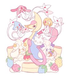  0_0 :q alcremie azelf bad_id bad_twitter_id berry_(pokemon) closed_eyes closed_mouth covering_own_mouth cresselia highres holding mesprit milcery moco_font no_humans orange_eyes pokemon pokemon_(creature) smile tongue tongue_out uxie white_background 