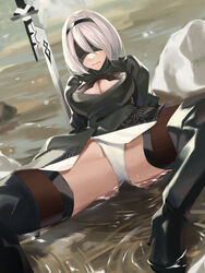  2b_(nier:automata) black_dress black_footwear black_hairband blindfold boots breasts cleavage cleavage_cutout closed_mouth clothing_cutout covered_eyes dress female hairband high_heel_boots high_heels highres kabocha_(monkey4) katana large_breasts leotard long_sleeves mole mole_under_mouth nier:automata nier_(series) rock short_hair solo spread_legs sword thigh_boots thighhighs thighs virtuous_contract water weapon wet white_leotard 