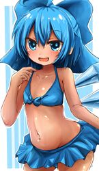  ahoge bikini bikini_skirt blue_background blue_bikini blue_bow blue_eyes blue_hair bow cirno commentary cowboy_shot detached_wings female groin hairbow highres ice ice_wings kihuzinz looking_at_viewer navel open_mouth short_hair solo stomach striped striped_background swimsuit tan tanned_cirno touhou wings 