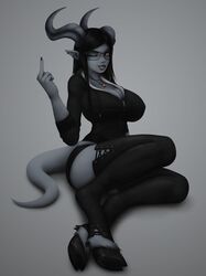  aiila_(impracticalart) ass big_breasts blizzard_entertainment breasts cleavage clothed clothing draenei eyewear female gesture glasses hand_gesture hi_res hooves horn horned_humanoid humanoid impracticalart legwear mammal middle_finger monochrome not_furry solo thigh_highs warcraft 