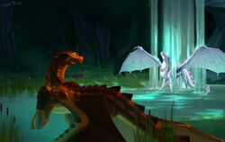  conditional_dnp dragon fan_character feral forest group hybrid icewing_(wof) male male/male mudwing_(wof) mythological_creature mythological_scalie mythology partially_submerged plant scalie seawing_(wof) shido-tara sleet_(navenderg) standing_in_water tail tree waterfall wings_of_fire 