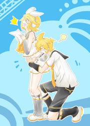  1boy ^^^ ahoge arched_back arm_warmers bare_shoulders blonde_hair blue_background blue_eyes blush bockdog bow brother_and_sister commentary detached_sleeves female fortissimo grey_sailor_collar grey_sleeves hair_ornament hairbow hairclip headphones hug hug_from_behind kagamine_len kagamine_len_(vocaloid4) kagamine_rin kagamine_rin_(vocaloid4) kissing kissing_back leg_warmers legwear_garter midriff necktie oerba_yun_fang on_one_knee sailor_collar shirt short_ponytail shorts siblings skin_fang sleeveless sleeveless_shirt standing straight surprise_kiss surprised symbol-only_commentary v4x vocaloid waist_hug wide-eyed yellow_necktie 