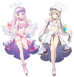  2girls ainy alternate_costume alternate_hairstyle angel_wings beret bikini blue_archive braid breasts brown_eyes brown_hair cleavage closed_mouth collarbone full_body halo hat long_braid long_hair looking_at_viewer medium_breasts mika_(blue_archive) multiple_girls nagisa_(blue_archive) open_mouth parfait pink_hair ponytail swimsuit tray twin_braids visor_cap white_background wings 