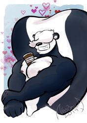  anthro big_pecs black_body black_fur black_nose body_hair digital_media_(artwork) fur hair hair_over_eyes heart_pattern heart_symbol hi_res large_pecs looney_tunes male mammal mephitid muscular muscular_anthro muscular_male nipples pecs pitu_le_pew simple_background skunk smile solo ve warner_brothers white_body white_fur white_hair xneobeastx 