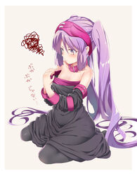  blindfold blindfold_lift breasts collar cosplay detached_sleeves dress euryale_(fate) fate/hollow_ataraxia fate/stay_night fate_(series) female highres long_hair medusa_(fate) medusa_(rider)_(fate) medusa_(rider)_(fate)_(cosplay) oversized_clothes purple_eyes purple_hair sitting small_breasts solo squiggle thighhighs twintails wariza yuu-yuu 