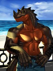  anthro arm_on_object beach behemoth89 ceratosaurid ceratosaurus countershading detailed_background dinosaur extinct grim_(grimsaurus) hi_res male muscular prehistoric_species reptile scalie sea seaside shirtless solo theropod water 