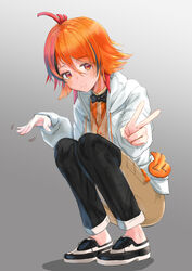  animare commentary_request female full_body grey_background hair_between_eyes highres jacket kazami_kuku looking_at_viewer nanashi_inc. orange_eyes orange_hair ribbon sankyo_(821-scoville) shoes short_hair simple_background sitting smile solo v virtual_youtuber 