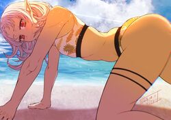  all_fours artist_name beach bikini blue_sky closed_mouth cloud dated day elf female half-closed_eyes kiyo_(a_sam_ko) leaf_print medium_hair mushoku_tensei ocean outdoors pointy_ears red_eyes sky smile solo swimsuit sylphiette_(mushoku_tensei) thigh_strap water white_hair 