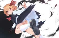  ass black_footwear black_skirt black_vest blonde_hair blush closed_mouth darkness female hair_between_eyes hair_ribbon highres long_sleeves red_eyes red_ribbon ribbon roke_(taikodon) rumia shirt shoes short_hair skirt socks solo touhou umbrakinesis vest white_shirt white_socks 