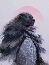  1boy aleksandra_skiba animal_head armor blaidd_the_half-wolf breastplate brooch cloak closed_mouth elden_ring fur_cloak furry furry_male highres holding jewelry looking_at_viewer male_focus moon red_eyes simple_background sky solo star_(sky) starry_sky wolf_boy 