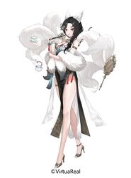  absurdres animal_ears armlet bare_arms bare_legs bare_shoulders bead_anklet black_dress black_hair bracelet breasts calligraphy_brush china_dress chinese_clothes copyright_name copyright_notice cup dress feather_boa female flower folded_fan folding_fan forehead fox_ears fox_girl fox_tail full_body gradient_dress green_nails grey_footwear hair_flower hair_ornament hair_over_shoulder hand_fan hand_mirror hand_on_own_elbow hand_up high_heels highres holding holding_brush holding_calligraphy_brush holding_cup holding_fan holding_paintbrush holding_teapot holding_with_tail jade_(gemstone) jewelry long_hair looking_down mature_female mirror mole mole_under_eye multiple_tails nijisanji official_art paintbrush parted_lips pelvic_curtain prehensile_tail red_eyes richi_(virtuareal) saucer shawl sleeveless sleeveless_dress smile solo swept_bangs tachi-e tail tail_ornament tail_ring tassel teacup teapot thigh_strap through_medium through_mirror virtual_youtuber virtuareal walking white_background white_dress white_shawl white_tail 