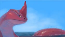  anterior_nasal_aperture female feral horn kaiju looking_at_viewer macro melee_weapon netflix outside partially_submerged polearm red_(the_sea_beast) red_bluster scar sea sea_monster seascape sky smooth_skin solo spear sprout the_sea_beast water weapon yellow_sclera 