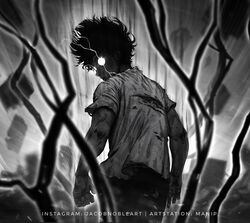  1boy absurdres artist_name artstation_username aura belt dark_aura from_behind glowing glowing_eyes grey_background greyscale highres instagram_username kageyama_shigeo kageyama_shigeo_(???) looking_at_viewer male_focus manip mob_psycho_100 monochrome outstretched_arms rubble shirt solo spiked_hair standing t-shirt torn_clothes watermark 