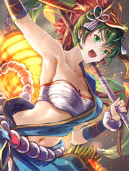  absurdres armpits bandeau breasts chest_sarashi clear_glass_(mildmild1311) collarbone commentary_request female fire_emblem fire_emblem:_the_blazing_blade fire_emblem_heroes green_eyes green_hair hair_between_eyes hair_ornament highres holding holding_polearm holding_weapon japanese_clothes lantern long_hair looking_at_viewer lyn_(fire_emblem) lyn_(flame)_(fire_emblem) mask mask_on_head medium_breasts midriff navel official_alternate_costume open_mouth outstretched_arm polearm ponytail sarashi stomach strapless sweat tube_top upper_body weapon 